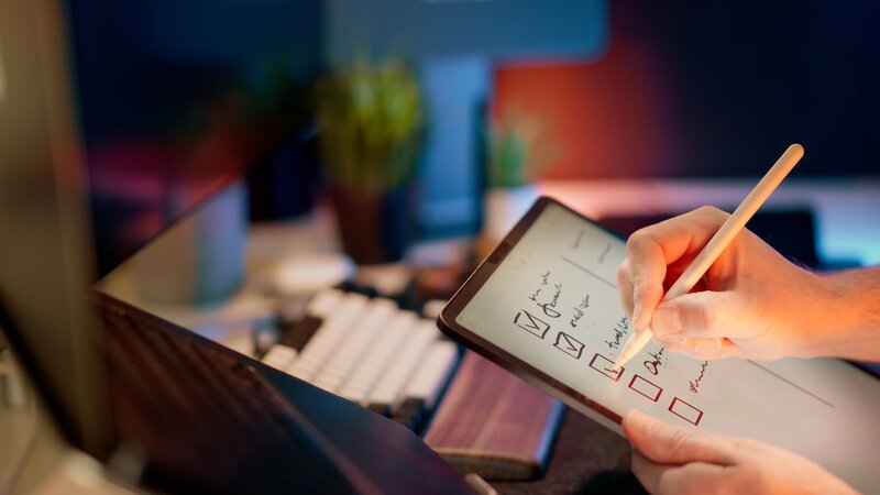 Hand writing on a tablet with a stylus