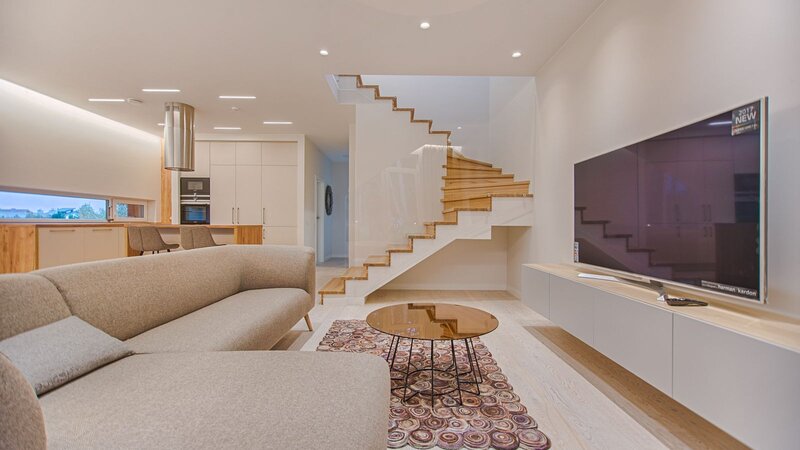 Turned-on smart TV in a living room