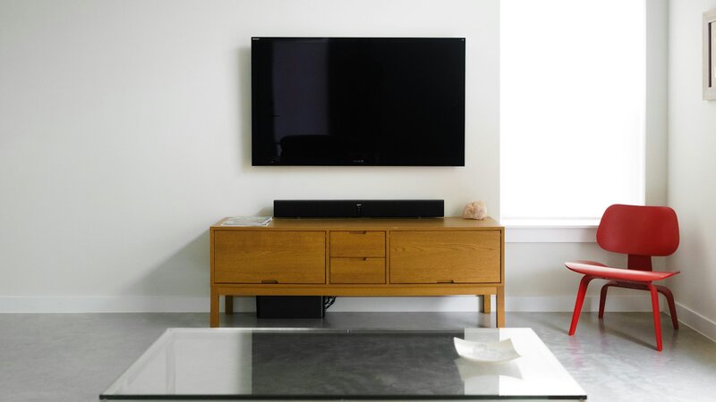 Home theater setup with a television and speakers